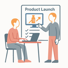 Flat Illustration of Two People Discussing Product Launch Presentation in Office