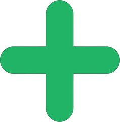 Obraz premium The image depicts a green plus sign with rounded edges. The plus sign is outlined in black and is centered on a white background. The green color is a vibrant shade
