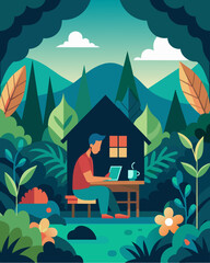 Surrounded by lush greenery and the sounds of nature the nomadic worker found peace and productivity in their secluded forest abode.. Vector illustration