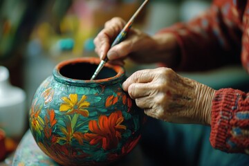 Senior woman paints colorful floral designs on a pottery vase with attention and care, Detail of hand and paint pots, senior woman painting ceramic vase Cinematic