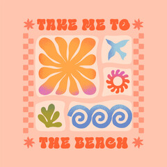 Summer illustration with sea ocean waves,coral,sun,bird.Groovy boho beach,surf club retro aesthetic.Summer vacation background in simple funny style.Graphic print for t shirts,banners,covers,branding