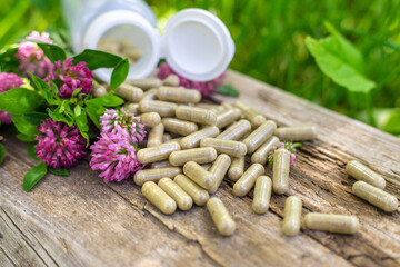 Red Clover Extract and Supplements. Selective Focus.