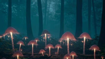 Enchanted forest: glowing mushrooms illuminate mystical woodland path - Powered by Adobe
