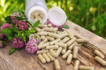 Red Clover Extract and Supplements. Selective Focus.