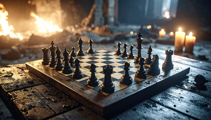 Chess game set as metaphor for strategy and battle with black pieces on wooden board lit by candlelight in dark rustic room