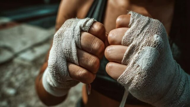 Close-up of a woman hands wrapping her wrists with sports tape before a boxing session outdoors. Background is blurred asphalt.