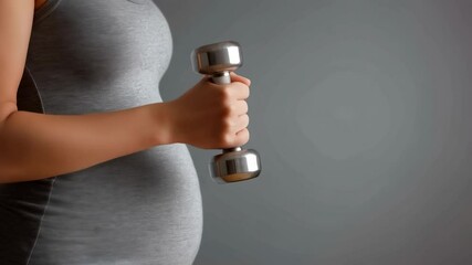 A pregnant woman lightly holding a small dumbbell in one hand, her arm relaxed at her side.
- Powered by Adobe