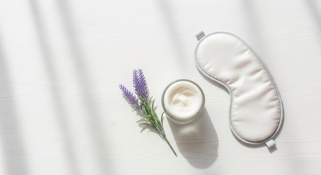 Lavender sprig, face cream jar, and white sleep mask on white wood - Powered by Adobe