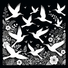 Black and White Birds in Flight Art-Minimalist Bird Design with Floral Accents-Elegant Nature Illustration-Unique Bird Pattern Art-Perfect for Home Decor-Wall Art-Nature Inspired Design