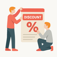 Flat Design Man Attaching Discount Promotion Paper on Wall Illustration