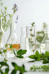 Fresh herbs in glass laboratory tubes and flowers, concept of natural organic cosmetic, pharmaceutical, and aromatherapy
