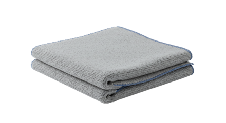 Folded grey microfiber cleaning cloth for dust and surface wiping isolated on a transparent background