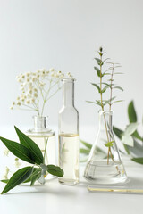 Laboratory glass with plant extracts and fresh green leaves for natural cosmetic production on white background with copy space.