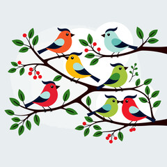 Obraz premium Colorful Birds on Branch Illustration - Whimsical Bird Art Print - Nature Inspired Home Decor - Cute Bird Drawing for Kids - Bright and Cheerful Bird Image