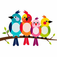 Fototapeta premium Colorful Cartoon Birds on Branch-Whimsical Bird Illustration-Cute Bird Clipart-Perfect for Children's Designs-Bright and Cheerful Bird Art-Nature Inspired Decor