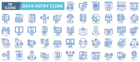 Data entry clerk icon collection set. Containing data, file, document, database, chart, cloud storage, task list, time management icon. Simple blue vector