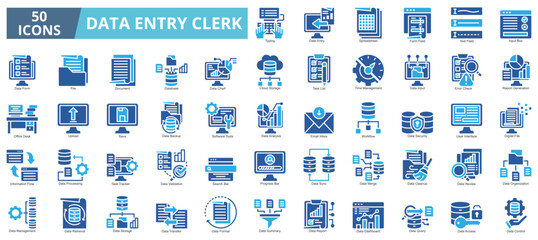 Data entry clerk icon collection set. Containing data, file, document, database, chart, cloud storage, task list, time management icon. Simple flat vector