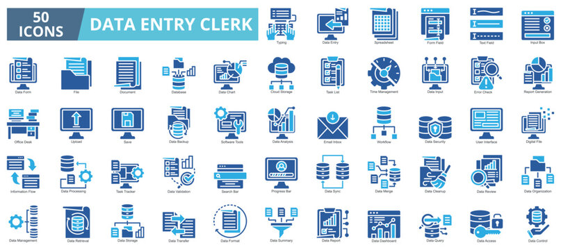 Data entry clerk icon collection set. Containing data, file, document, database, chart, cloud storage, task list, time management icon. Simple flat vector