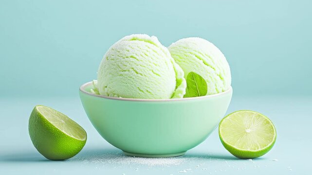 Lime ice cream in a vibrant green bowl with a sprinkle of sugar