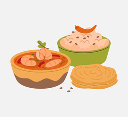 Shrimp Curry with Rice and Parotta Illustration