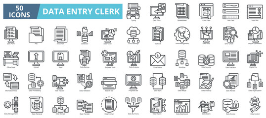 Data entry clerk icon collection set. Containing data, file, document, database, chart, cloud storage, task list, time management icon. Simple outline vector