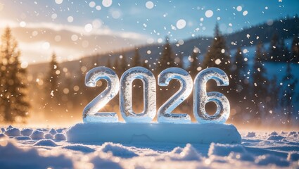 Icy 2026 digits in a beautiful winter setting, a perfect new year scene.
