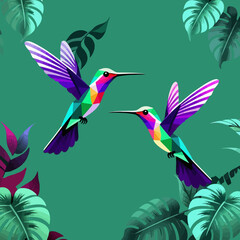 Obraz premium Colorful Hummingbird Art - Geometric Bird Illustration with Tropical Leaves - Vibrant Bird Design for Nature Lovers - Modern Wall Art Decor - Teal Background