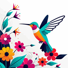 Colorful Hummingbird Vector Graphic with Flowers- Whimsical Bird Illustration for Spring- Bright Floral Design Featuring Hummingbird and Blooms- Vibrant Colors- Modern Art
