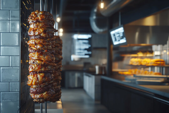 Doner kebab on vertical spit in modern restaurant kitchen