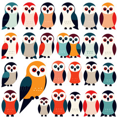 Obraz premium Colorful Owls Illustration- Cute Cartoon Bird Pattern- Whimsical Owl Art for Kids- Animal Theme Design- Owl Lover Graphic- Home Decor Idea_