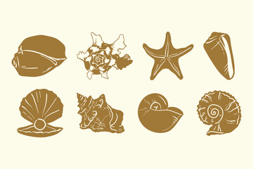 Minimalist hand drawn sea shell set. Vector coastal marine drawing silhouettes for logo, print, menu. Summer tropical beach ink shell doodle design elements.	
