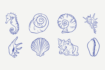 Blue sea shell boho collection. Hand drawn minimalist line illustration for logo, print, menu. Summer trendy beach ink doodle elements. Vector coastal marine icons.Clam, conch, cockle, scallop shells.