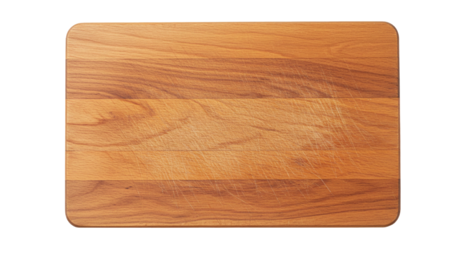 Rectangular wooden chopping board with textured surface for kitchen use isolated on a transparent background