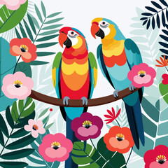 Naklejka premium Colorful Parrots Illustration-Tropical Birds on Branch with Flowers-Exotic Macaws in Jungle Setting-Bright and Vibrant Bird Art-Perfect for Nature Lovers