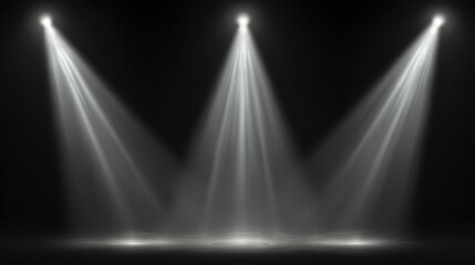 Three bright spotlights are illuminating a dark stage with a smoke effect, creating a dramatic and atmospheric setting for a performance or presentation