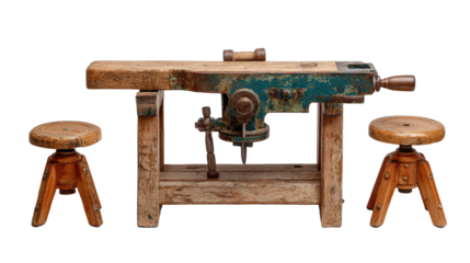 Vintage Wooden Workbench with Adjustable Stool