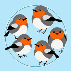 Obraz premium Cute Cartoon Robins Illustration - A Flock of Adorable Birds on Blue Background - Whimsical Bird Art for Kids and Nature Lovers