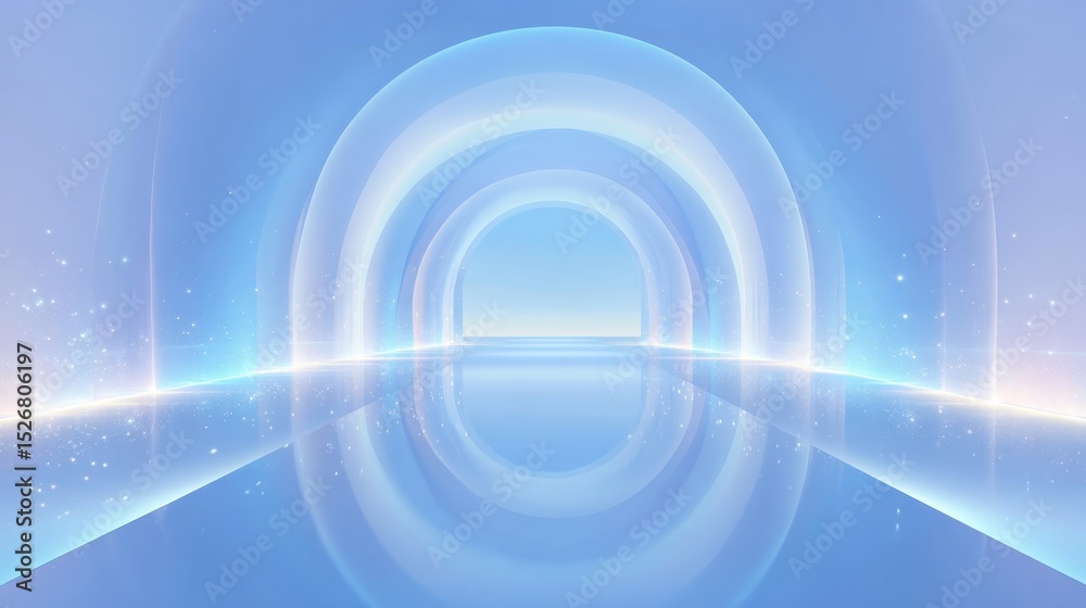 Poster multiple glowing concentric circles form an ethereal portal reflecting on a glossy surface, with spa