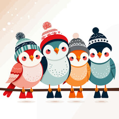 Obraz premium Cute Winter Birds with Hats-Colorful Bird Illustration-Festive Holiday Season-Adorable Bird Cartoon-Wintertime Fun-Cheerful Bird Art-Seasonal Design