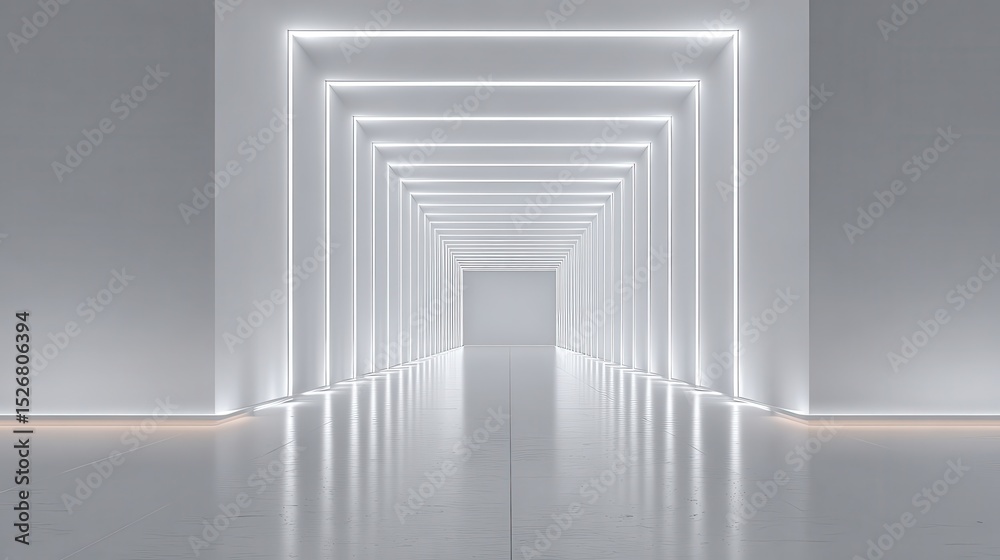 Fototapete Sleek white corridor with illuminating side panels extending toward minimalist room, embodying cutting edge architectural design and technological sophistication