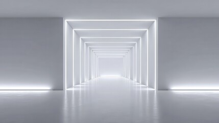 White futuristic corridor with glowing neon illumination stretching toward bright endpoint, suggesting technological journey and aspirational pathway