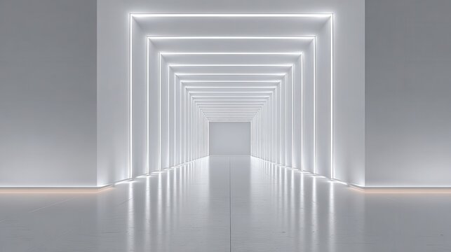 Sleek white corridor with illuminating side panels extending toward minimalist room, embodying cutting edge architectural design and technological sophistication