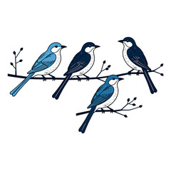 Obraz premium Four Birds on a Branch Vector Illustration-Charming Bird Clipart Design-Beautiful Bird Illustration Graphic-Elegant Bird Drawing for Creative Projects