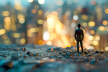 City skyline at dusk with a figurine contemplating the urban landscape and glowing lights