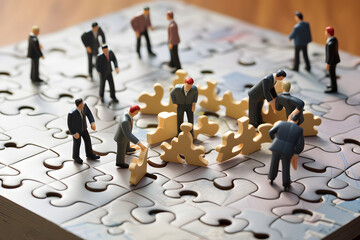 Small figures collaborate to assemble a large jigsaw puzzle on a wooden table in a bright setting during daylight hours