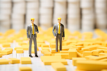 Business figures strategizing in a dynamic environment filled with yellow blocks during a corporate planning session