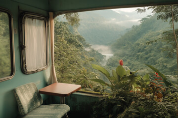 Tropical Jungle View from Vintage Camper Interior