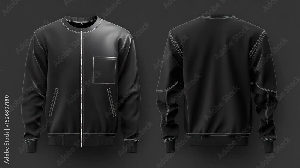 Poster a close-up shot of a black jacket with zipper on the front and back