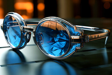 Advanced optical glasses showcasing a futuristic design and high-tech features with reflections of city lights visible on the lenses