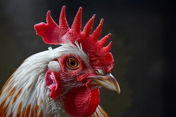 Colorful rooster with striking features perched in a calm setting showcasing vibrant plumage and detailed textures